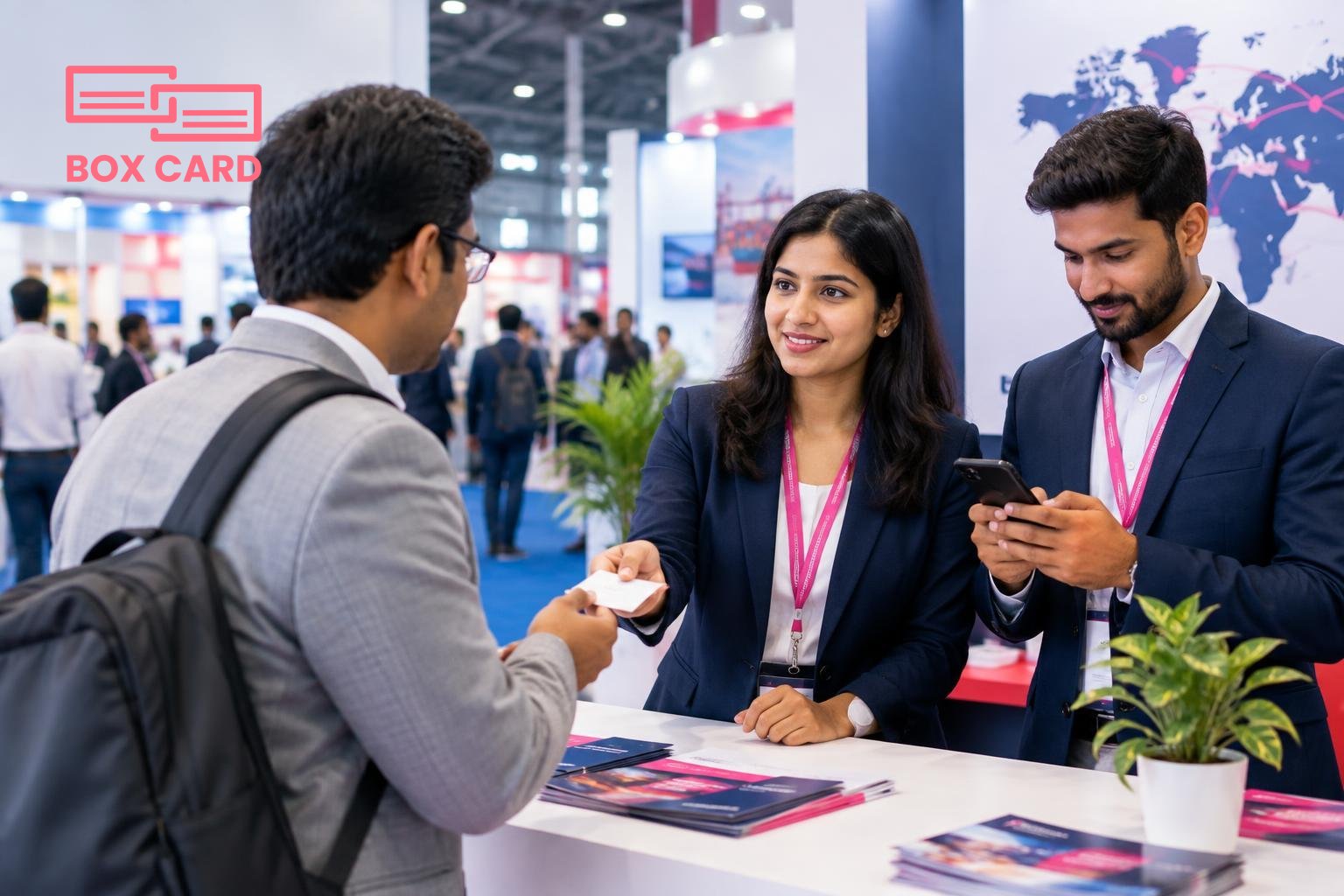 A busy India International Trade Fair booth where an exhibitor hands a business card to a visitor while another team member scans the card with a smartphone, editorial photograph