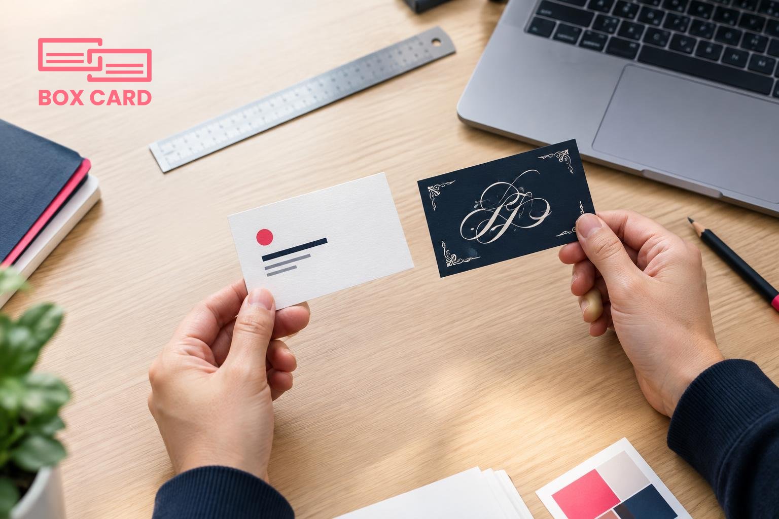 Một designer cầm hai mẫu namecard trên bàn làm việc, so sánh một mẫu chữ sans-serif rõ ràng với một mẫu chữ trang trí khó đọc, máy tính và thước kẻ trên nền, ảnh chụp báo chí
