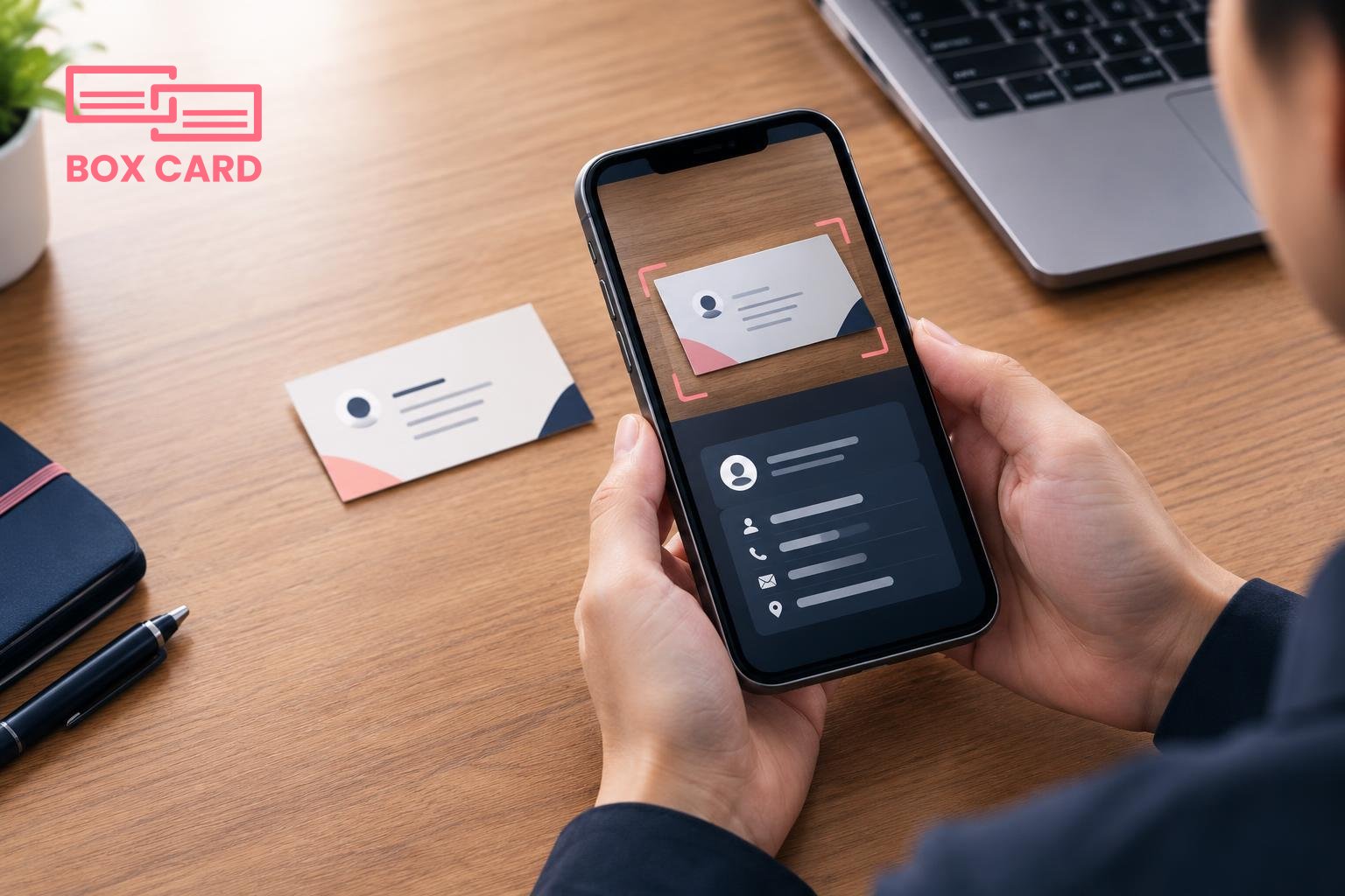 Một nhân viên văn phòng chụp cận cảnh một tấm danh thiếp trên bàn gỗ bằng smartphone, màn hình ứng dụng hiển thị khung quét và các trường thông tin được nhận dạng, ảnh chụp phong cách editorial
