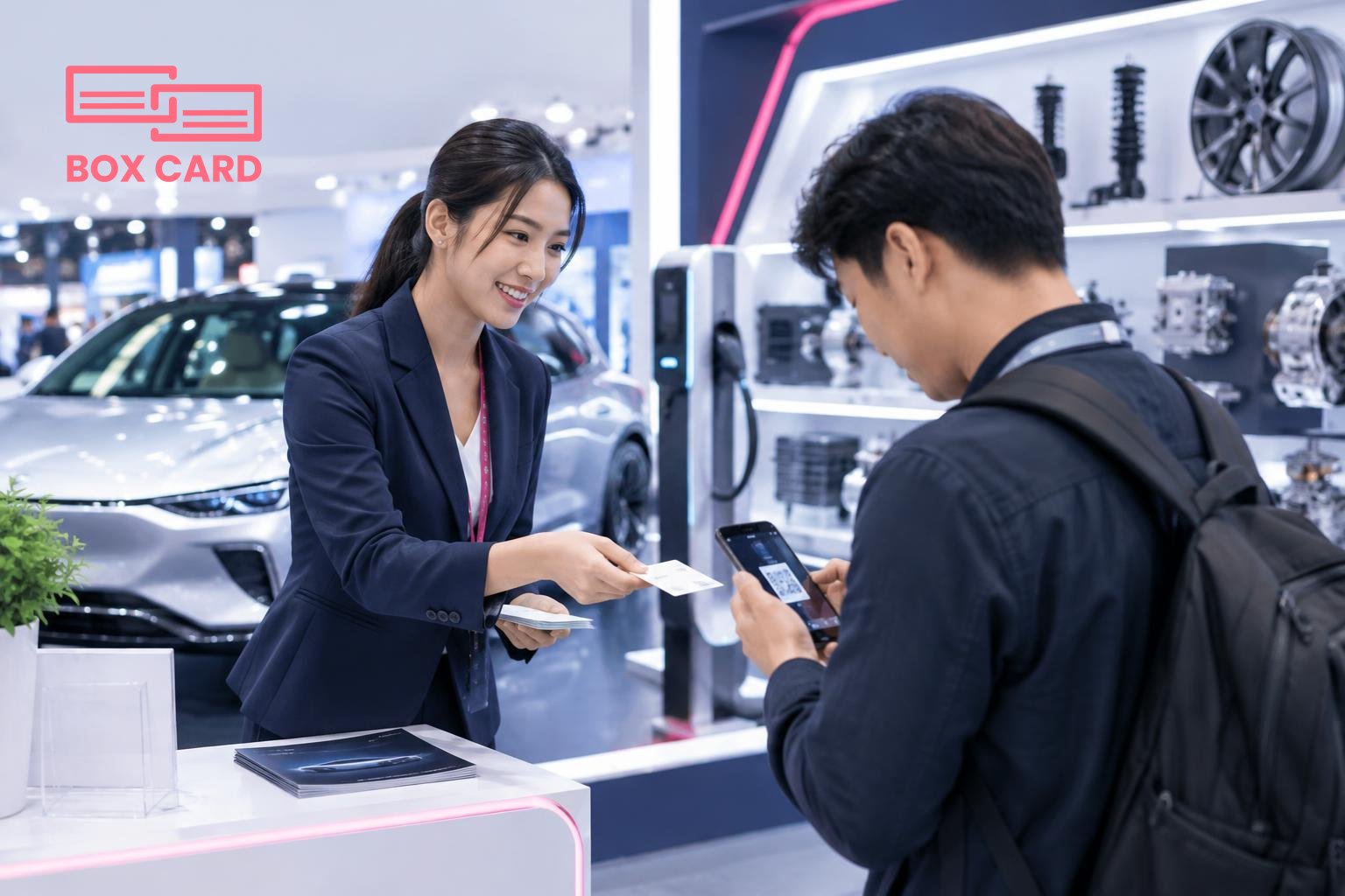 ผู้ขายที่บูธรถยนต์ไฟฟ้ากำลังยื่นนามบัตรให้ผู้เข้าชม ขณะที่ผู้รับใช้สมาร์ทโฟนสแกนนามบัตรบนหน้าจอ บูธโชว์ชิ้นส่วนยานยนต์ด้านหลัง ภาพถ่ายสไตล์เอนเตอร์ไพรซ์