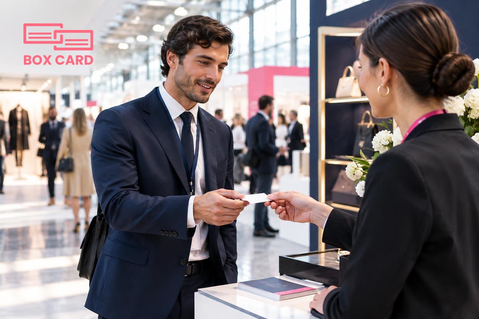 A professional in a suit exchanging a paper business card with an exhibitor in a bright Italian trade show hall, editorial photograph