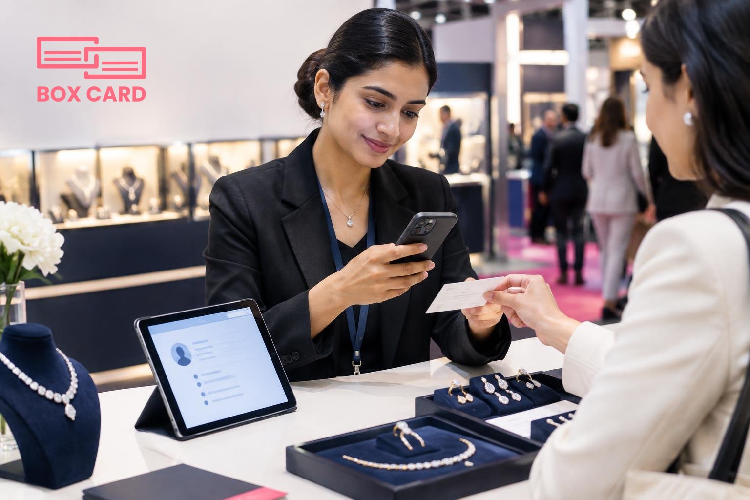 A trade show booth at an international jewellery fair: a salesperson scanning a paper business card with a smartphone, a tablet showing a contact record, samples on the table, editorial photograph