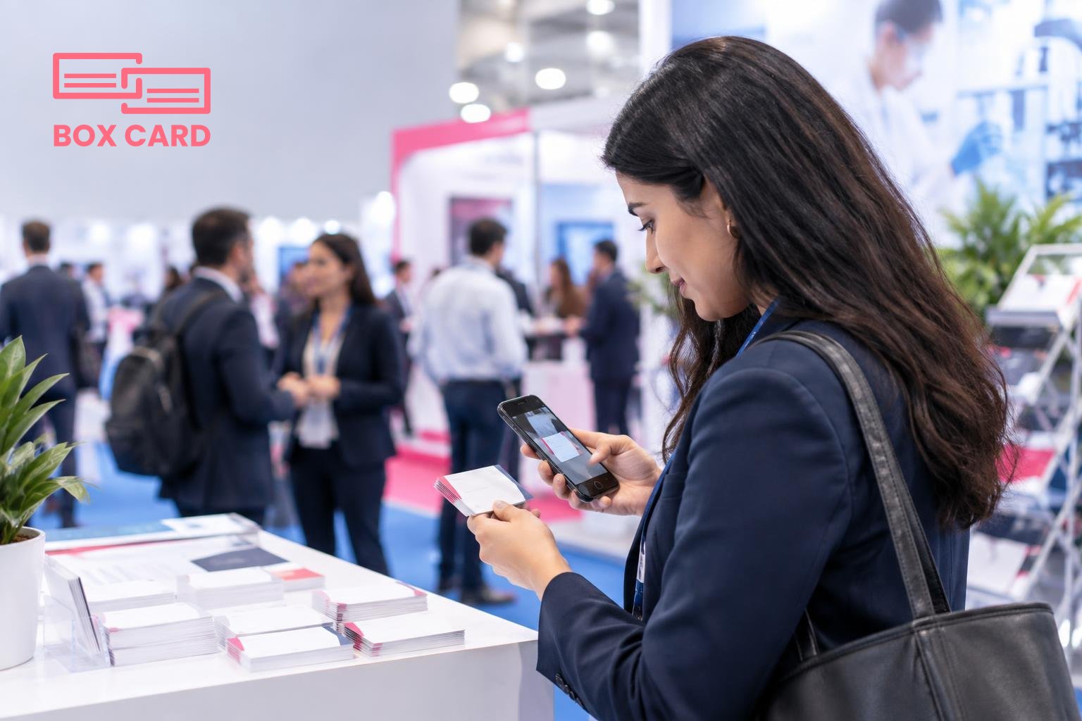 A conference attendee scanning a stack of business cards with a smartphone at a busy exhibition booth, editorial photograph