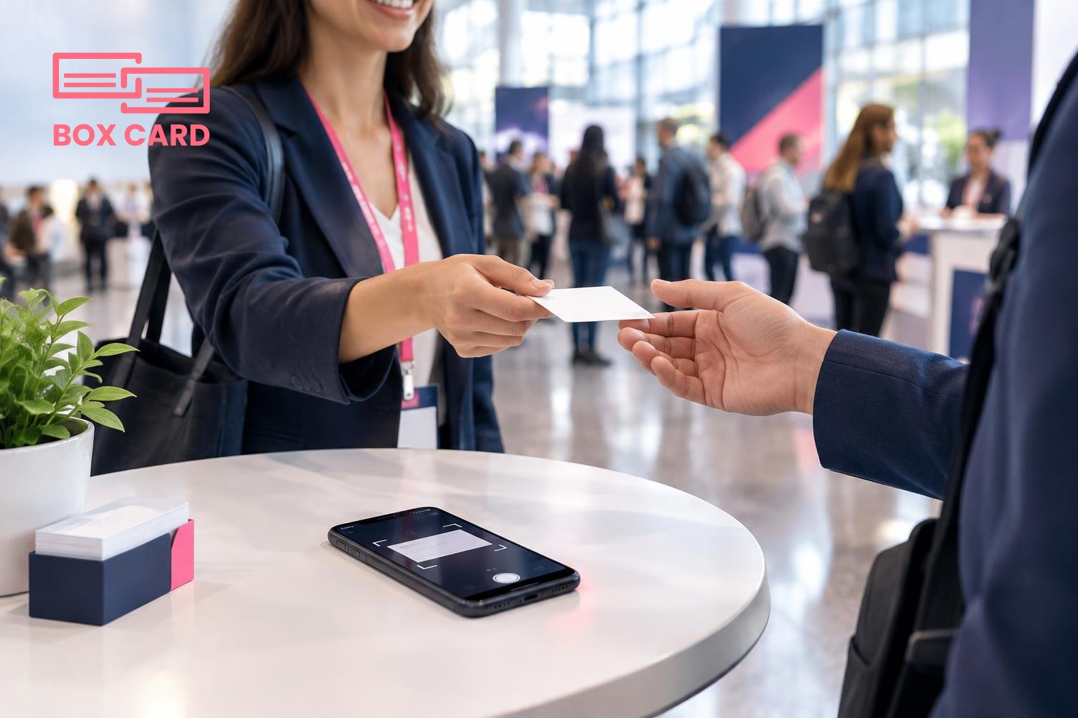 A professional handing a paper business card to another person in a busy conference lobby, a smartphone on a table showing a business card scanning app interface, editorial photograph