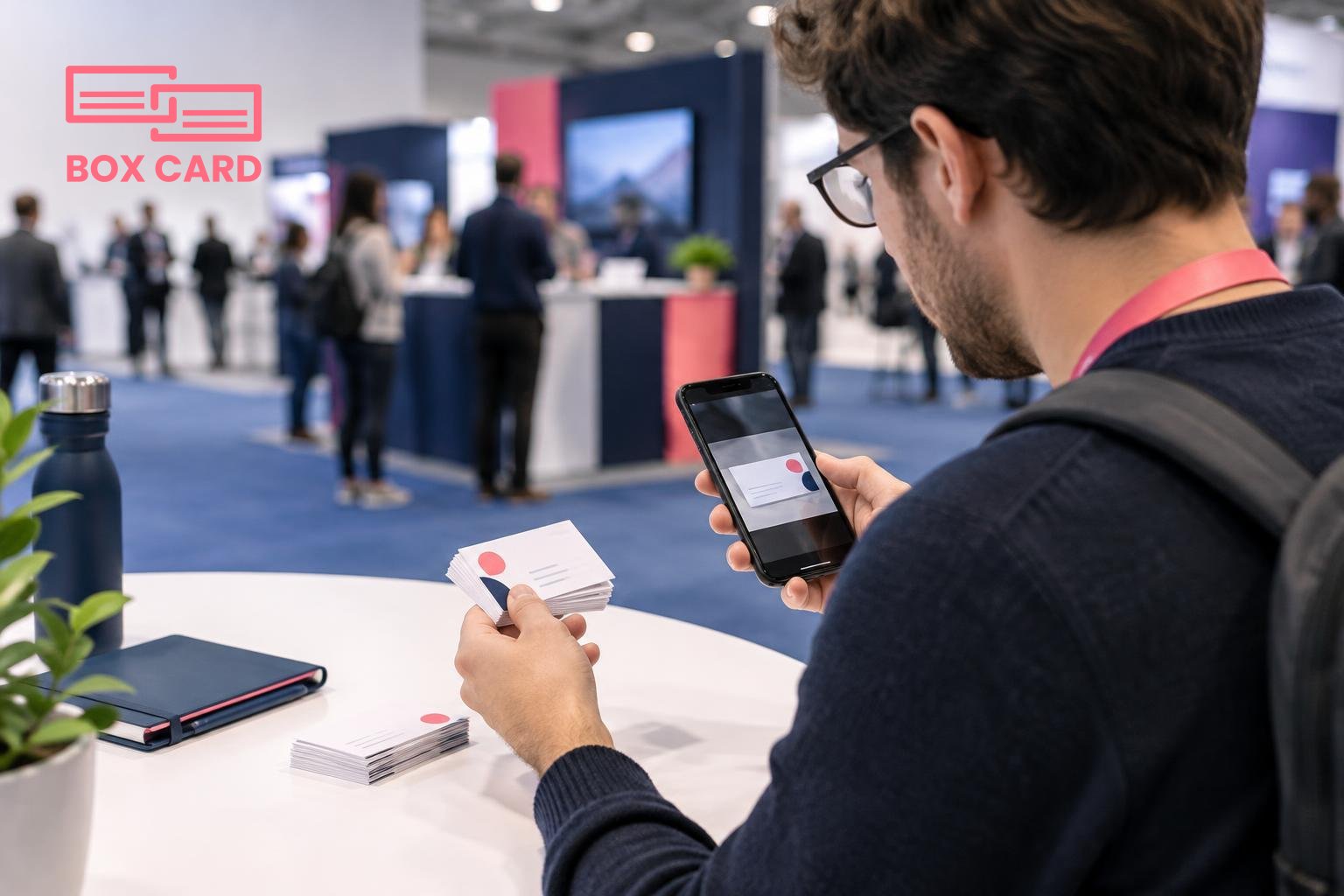 A developer scanning a stack of paper business cards with a smartphone app at a conference table, exhibition booths blurred in the background, editorial photograph