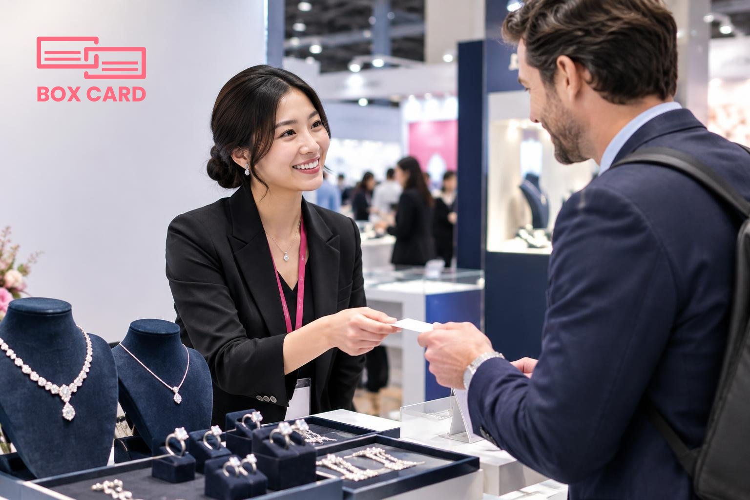 An exhibitor at a Hong Kong jewellery trade show exchanging business cards with an international buyer, both smiling, tabletop display of necklaces and rings, other booths blurred in the background, e