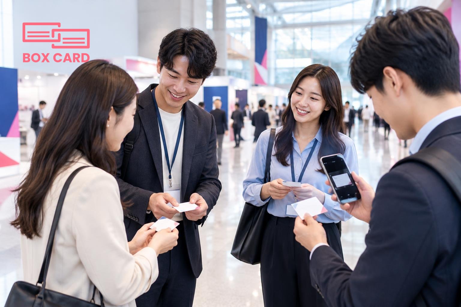 대전컨벤션센터 로비에서 네 명의 참가자가 서로 명함을 교환하고, 한 사람이 스마트폰으로 명함을 스캔하는 장면, 현장 느낌의 사진